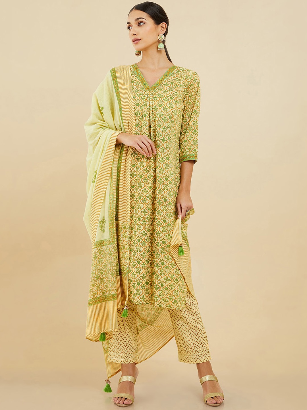 

Soch Floral Printed Pure Cotton Kurta with Trousers & Dupatta, Yellow