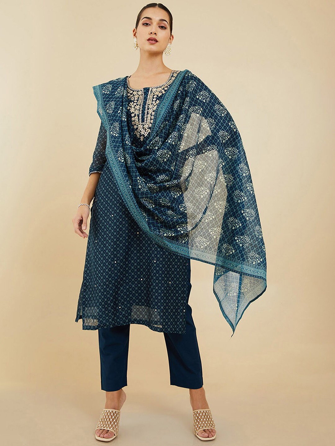 

Soch Women Blue Printed Pure Silk Kurta with Trousers & Dupatta