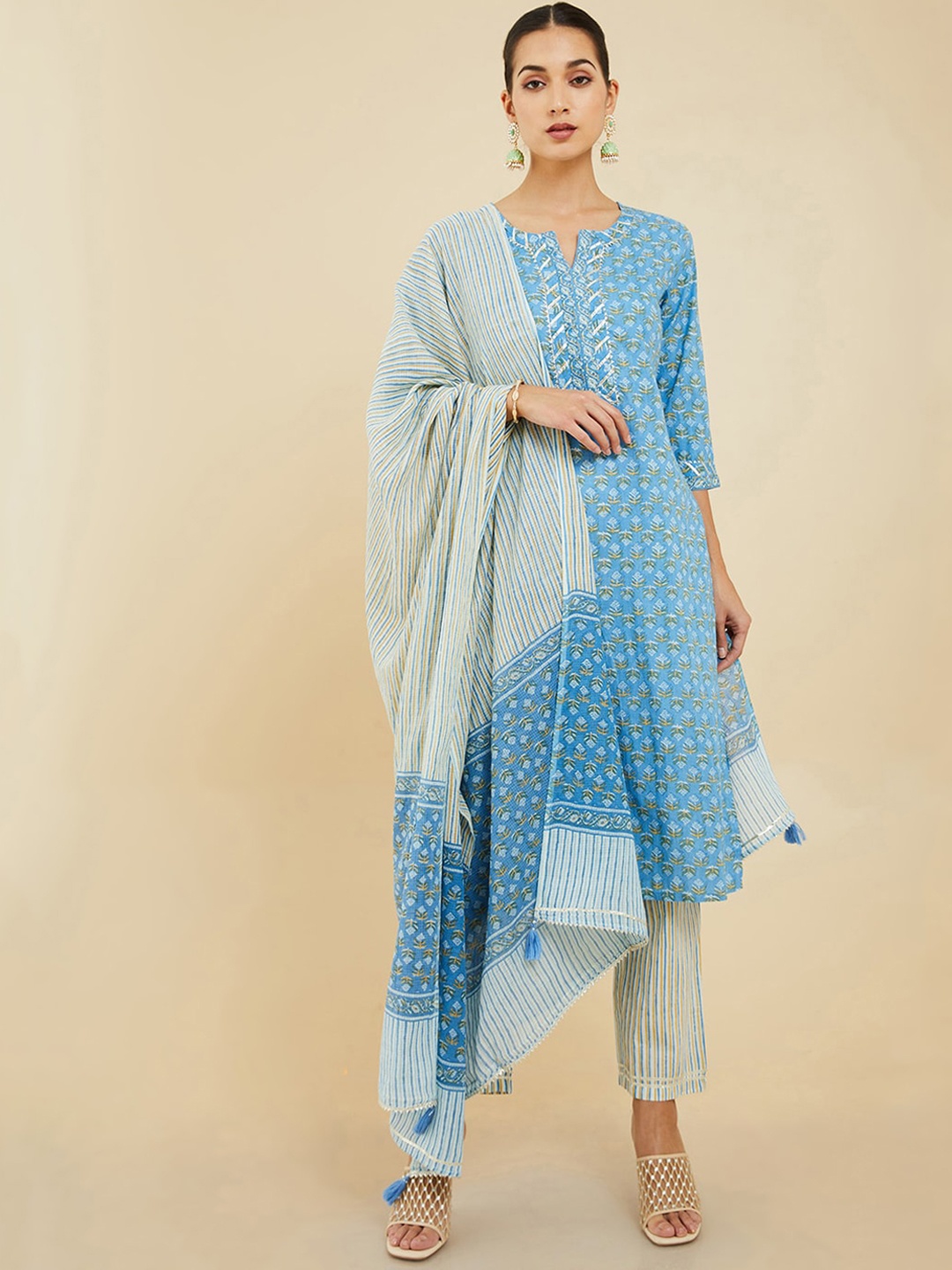 

Soch Women Blue Floral Printed Pure Cotton Kurta with Trousers & Dupatta