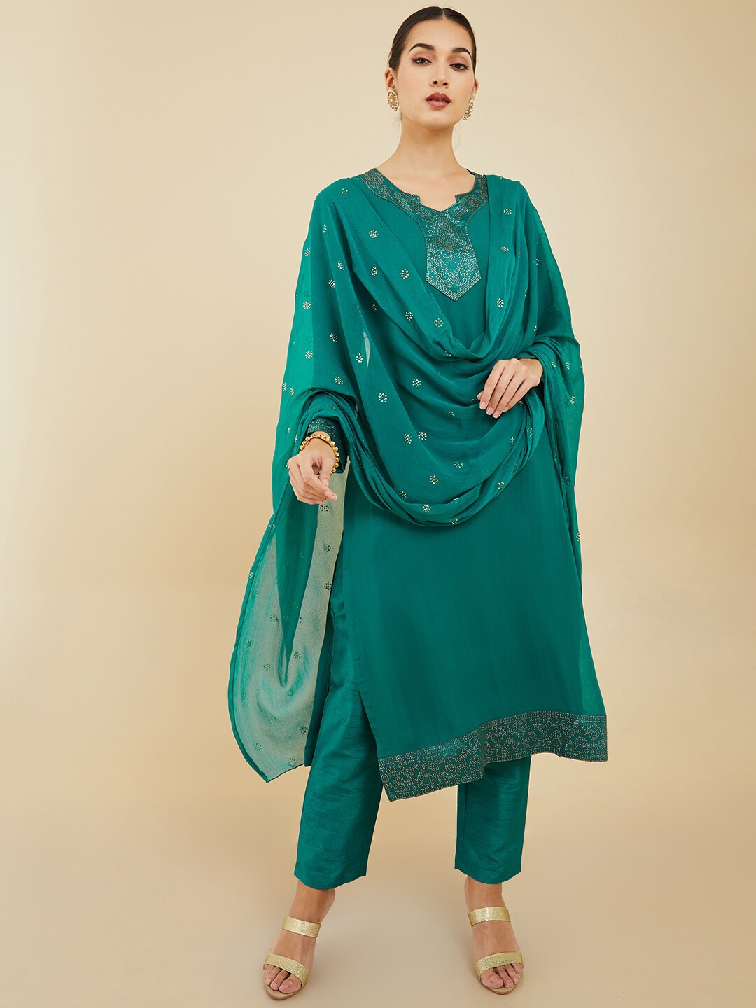 

Soch Women Teal Beads and Stones Silk Georgette Kurta with Trousers & Dupatta