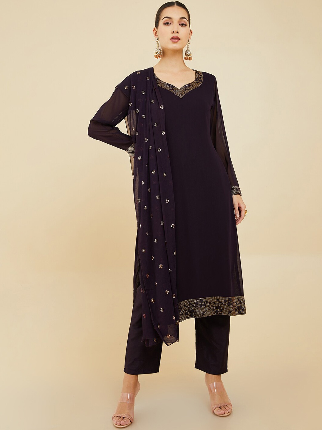 

Soch Women Purple Beads and Stones Silk Georgette Kurta with Trousers & Dupatta