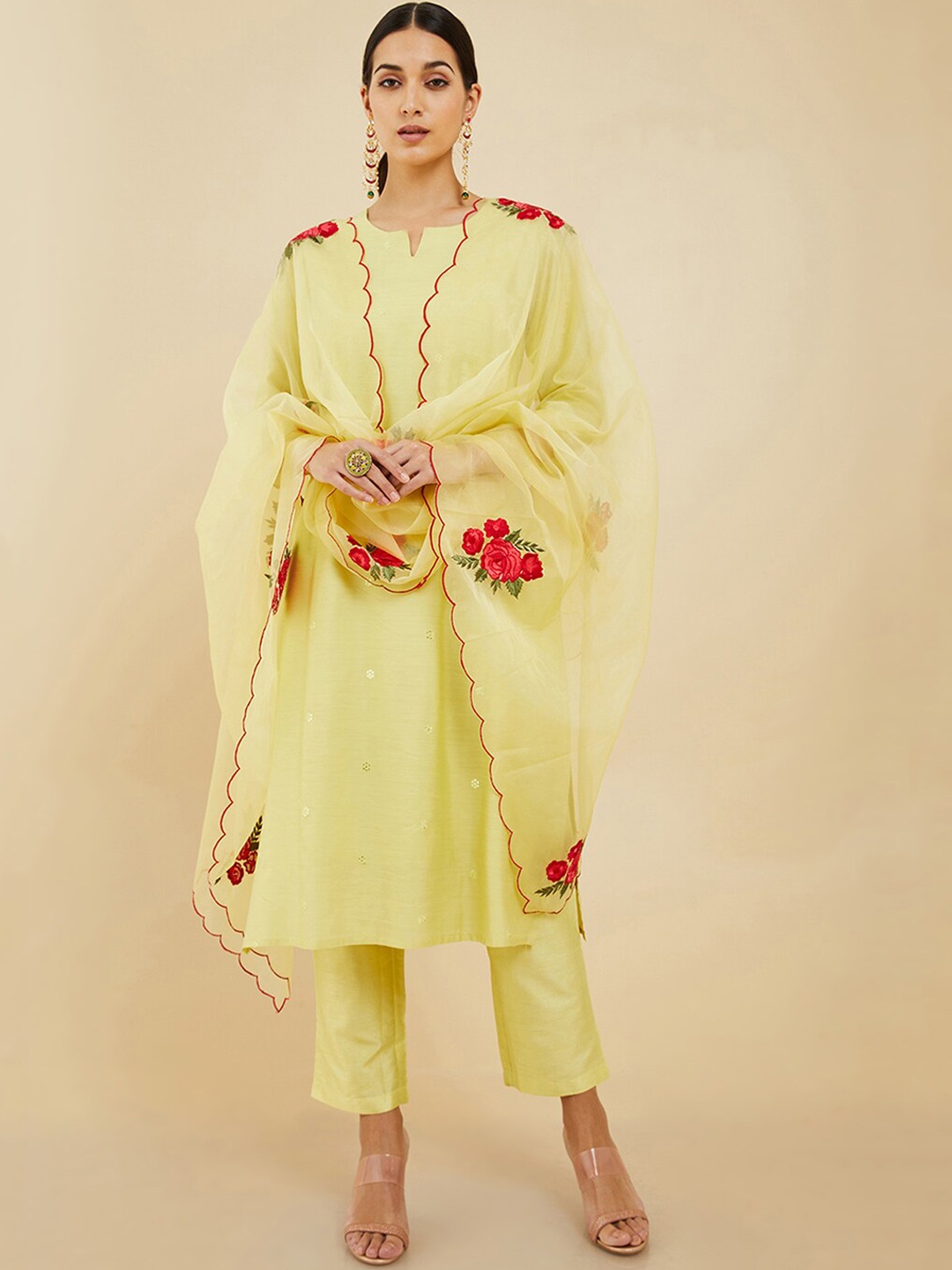 

Soch Women Green Floral Sequinned Silk Crepe Kurta with Trousers & Dupatta