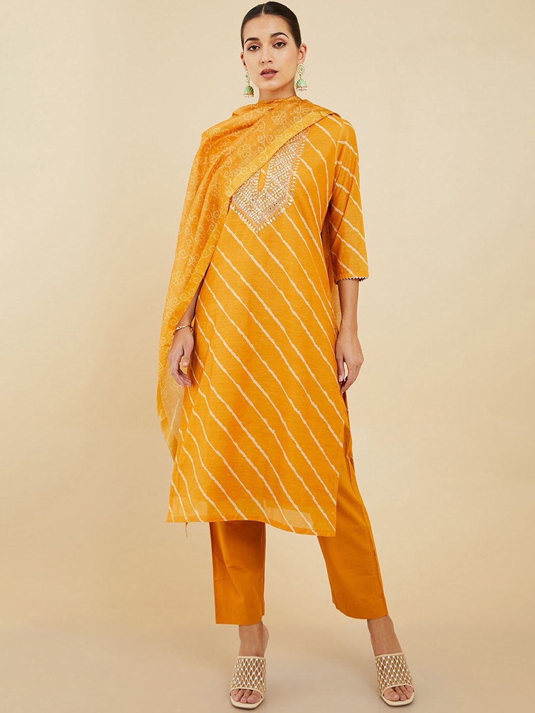 

Soch Women Yellow Yoke Design Pure Silk Kurta with Trousers & Dupatta