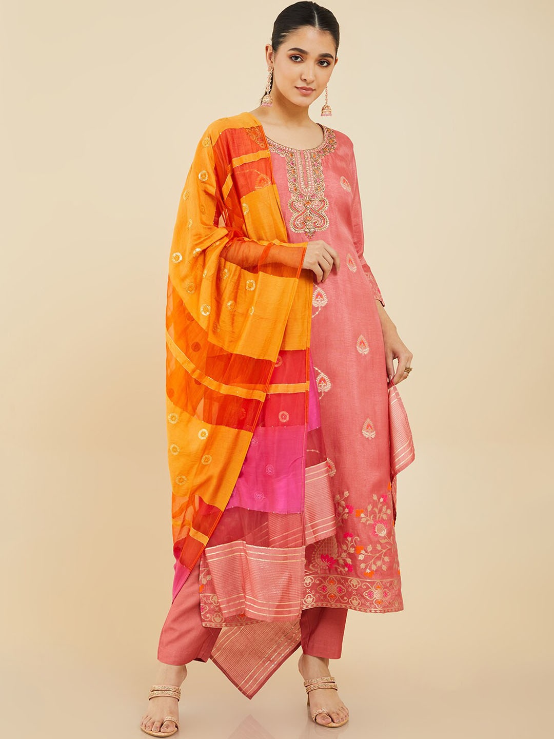 

Soch Women Floral Yoke Design Thread Work Kurta with Trousers & Dupatta, Peach