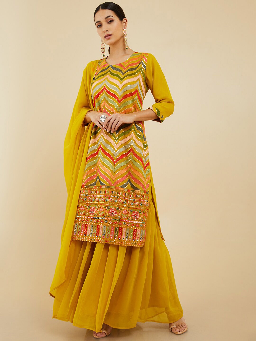 

Soch Women Thread Work Silk Georgette Kurta with Sharara & Dupatta, Mustard