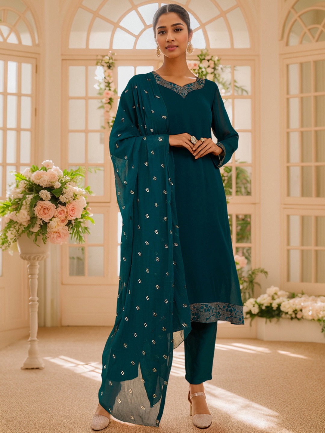 

Soch Women Beads and Stones Silk Georgette Kurta with Trousers & Dupatta, Teal