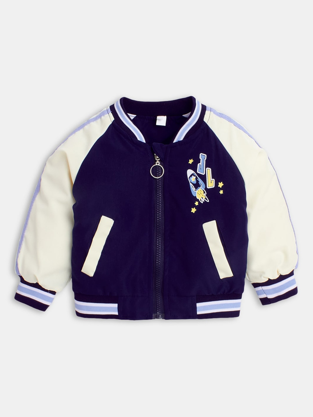 

Hopscotch Boys Blue Varsity Jacket with Patchwork