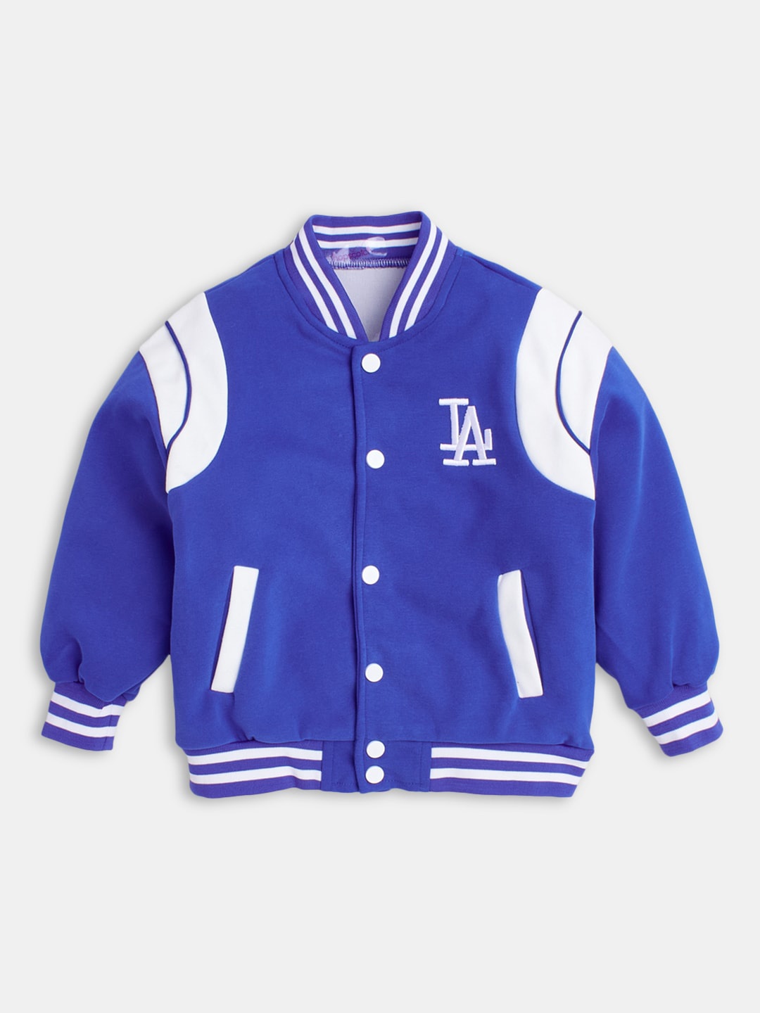 

Hopscotch Boys Blue Cotton Varsity Jacket with Embroidered