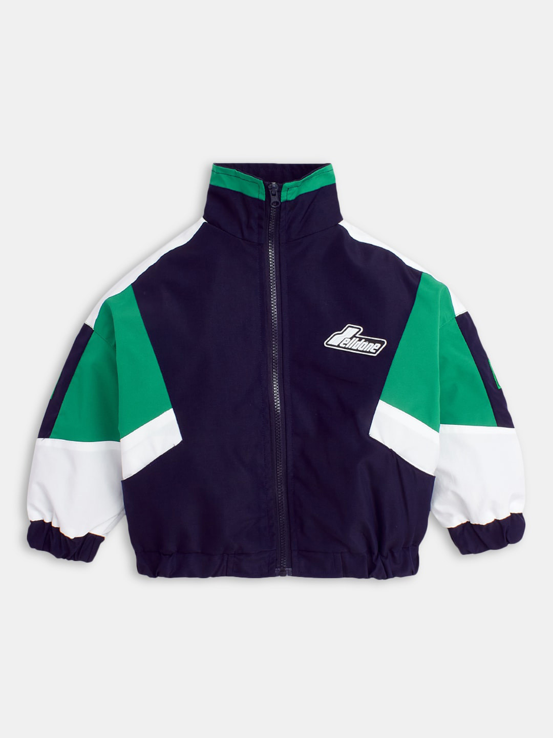 

Hopscotch Boys Green Colourblocked Bomber Jacket with Embroidered
