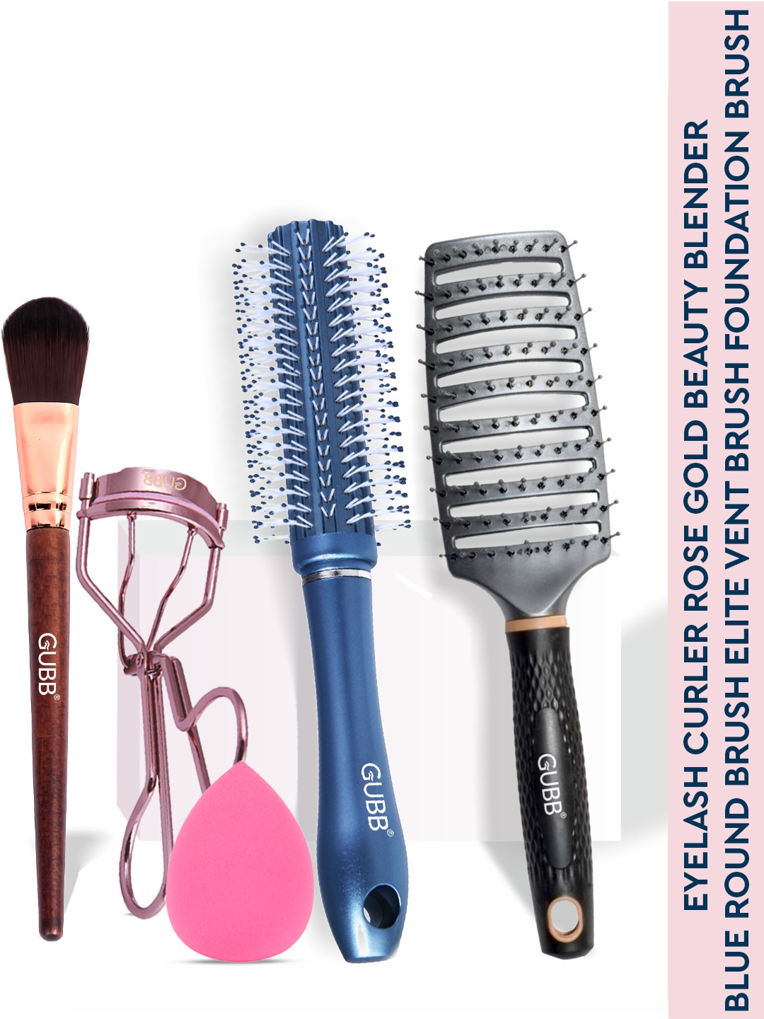 

GUBB Set Of Eyelash Curler + Beauty Blender + Round & Vent Hair Brush + Foundation Brush, Pink