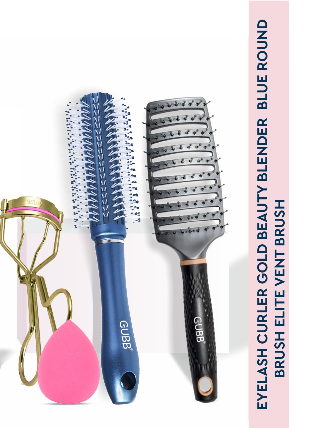

GUBB Set Of Eyelash Curler + Beauty Blender + Round Hair Brush + Vented Hair Brush, Blue