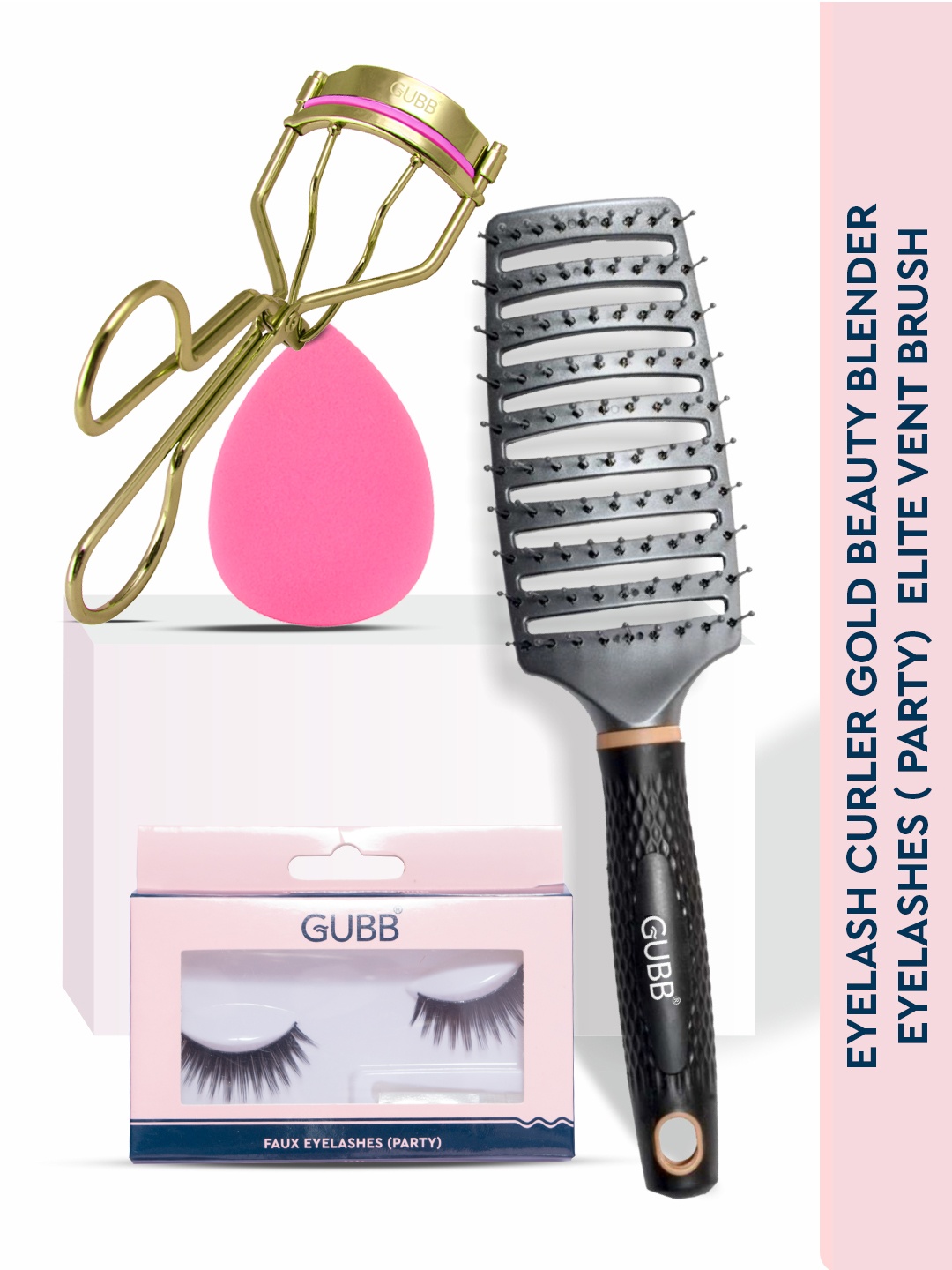 

GUBB Makeup & Hair Combo - Eyelash Curler + Faux Eyelash + Beauty Blender + Hair Brush, Pink