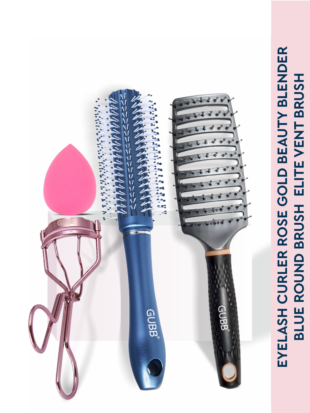 

GUBB Makeup & Hair Combo - Eyelash Curler + Beauty Blender + 2 Hair Brushes, Pink