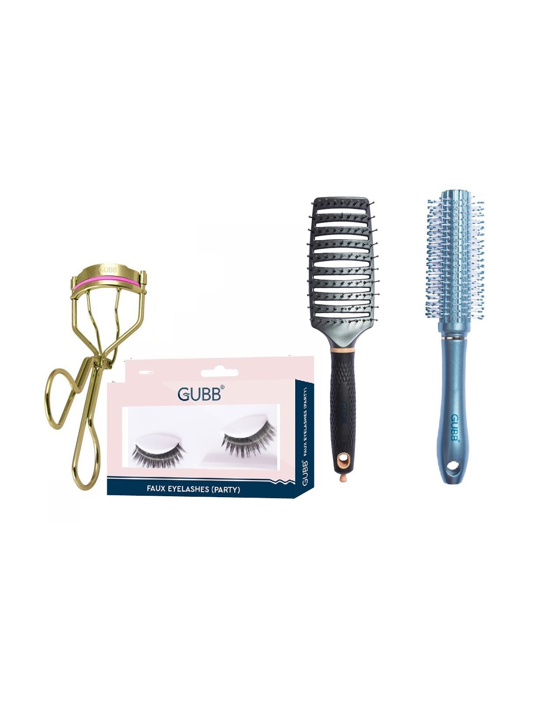 

GUBB Makeup & Hair Combo - Eyelash Curler + Faux Eyelash + 2 Hair Brushes, Gold