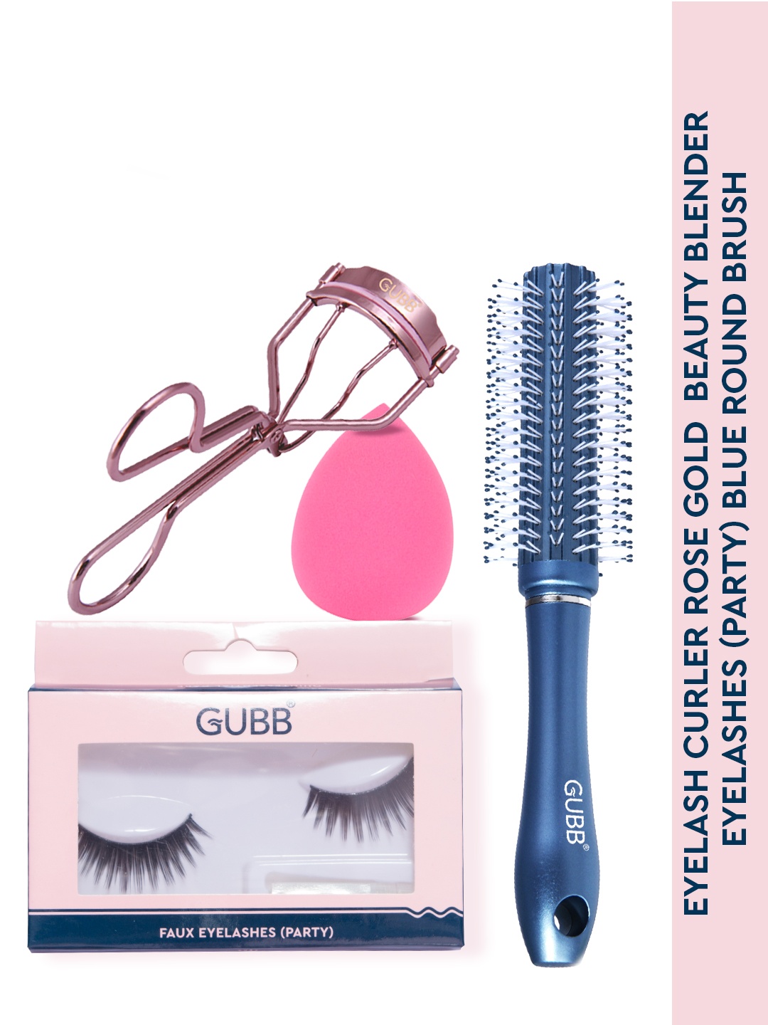 

GUBB Makeup & Hair Combo - Eyelash Curler + Beauty Blender + Faux Eyelash + Hair Brush, Pink