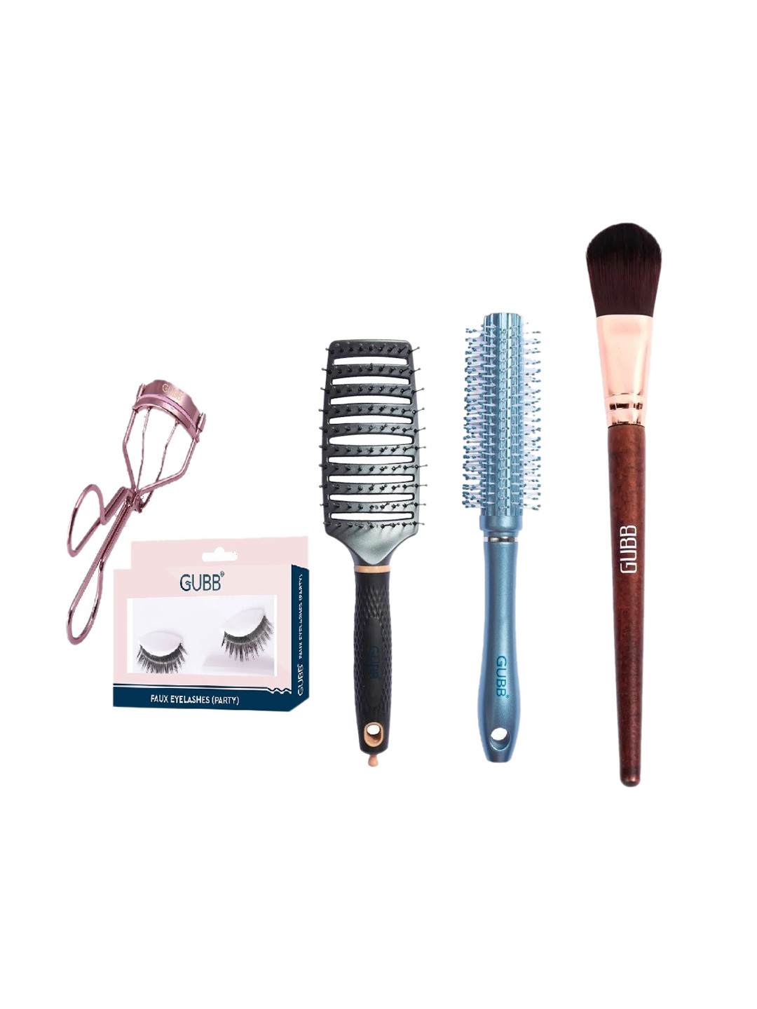 

GUBB Makeup & Hair Combo-Eyelash Curler + Faux Eyelash + Foundation Brush + 2 Hair Brushes, Blue