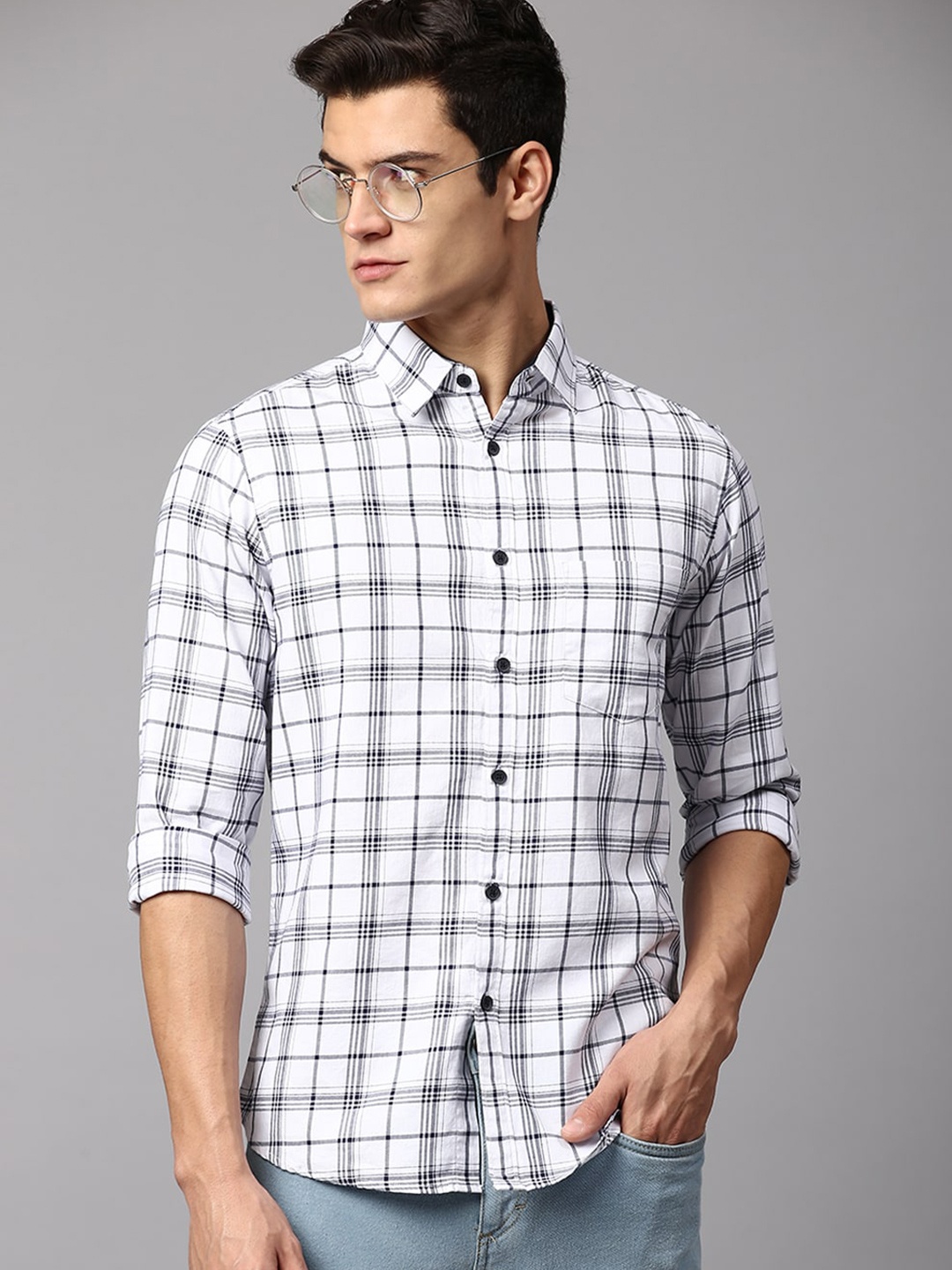 

Dennis Lingo Men Slim Fit Checked Cotton Casual Shirt, White