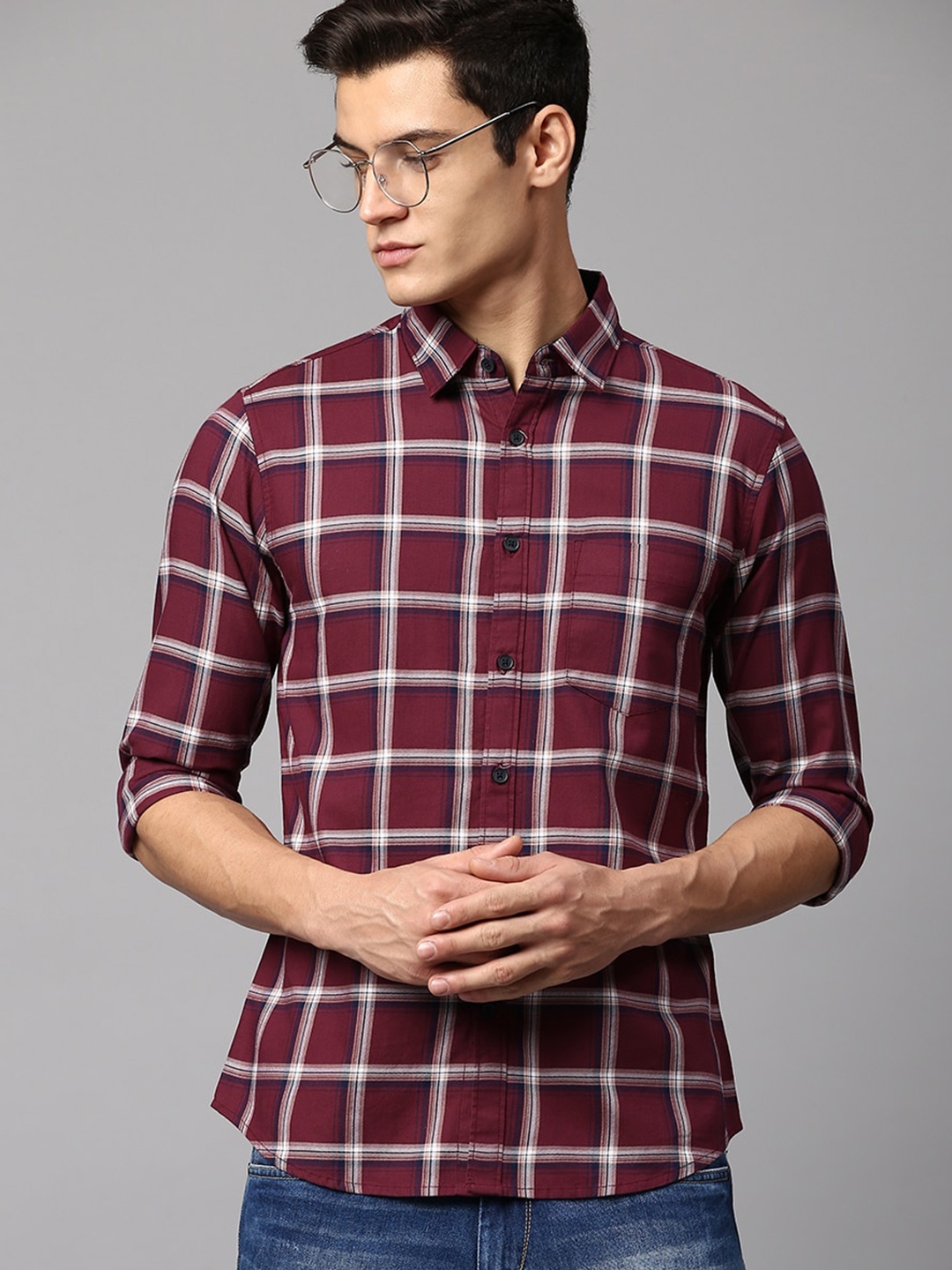 

Dennis Lingo Men Slim Fit Tartan Cotton Checked Casual Shirt, Maroon