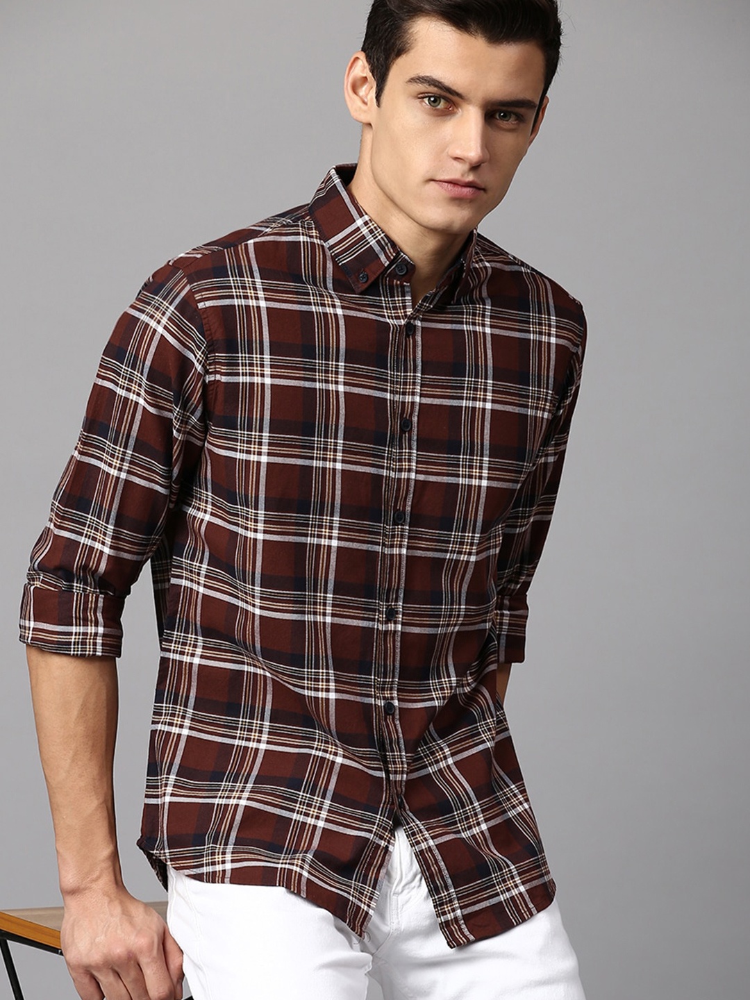 

Dennis Lingo Men Slim Fit Tartan Checked Cotton Casual Shirt, Brown