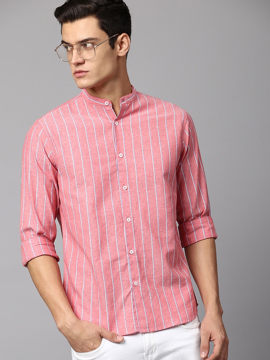 

Dennis Lingo Men Slim Fit Striped Casual Cotton Shirt, Peach