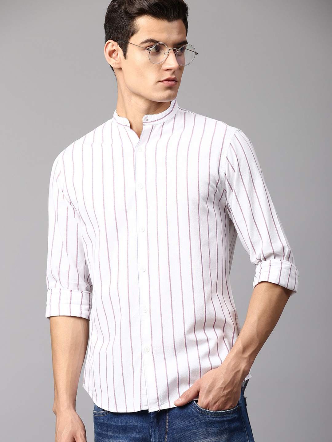

Dennis Lingo Men Slim Fit Striped Cotton Casual Shirt, White