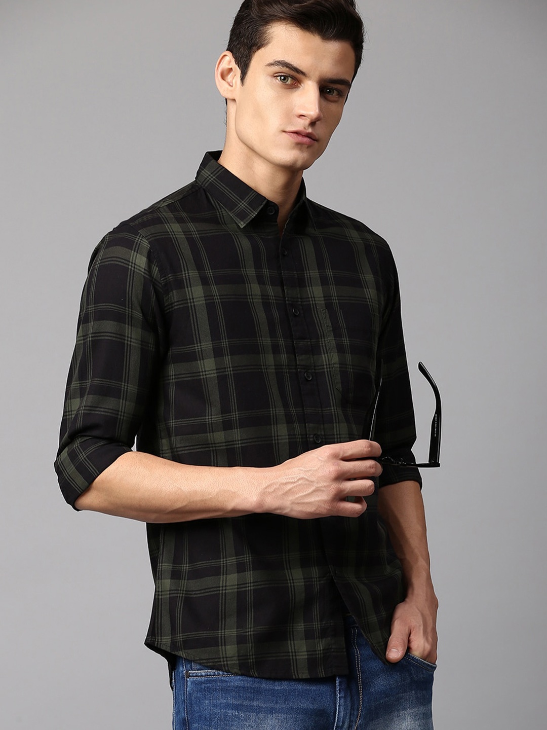 

Dennis Lingo Men Slim Fit Tartan Checked Cotton Casual Shirt, Black