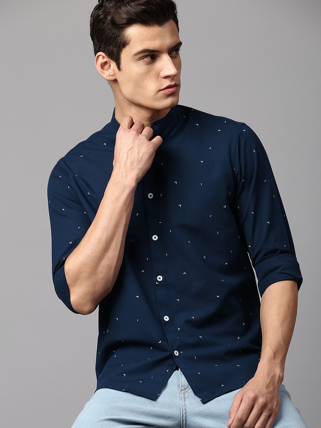 

Dennis Lingo Men Slim Fit Printed Cotton Casual Shirt, Navy blue