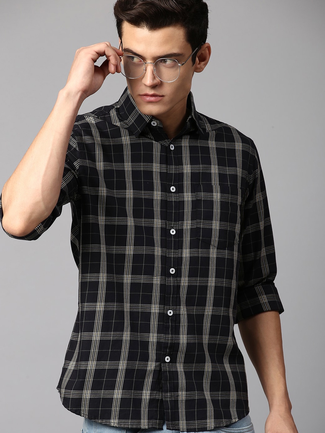 

Dennis Lingo Men Slim Fit Tartan Checked Cotton Casual Shirt, Navy blue