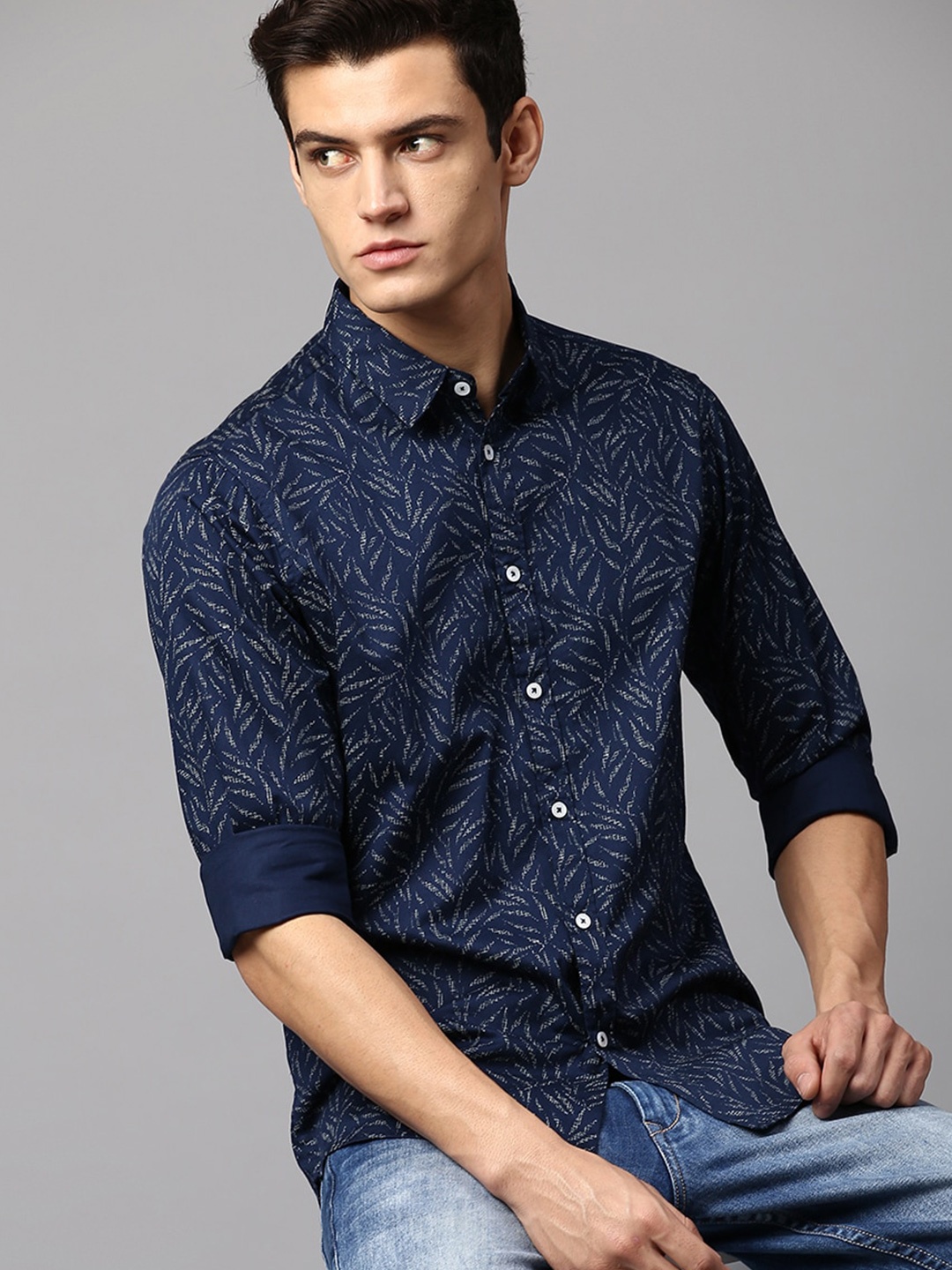 

Dennis Lingo Men Slim Fit Printed Cotton Casual Shirt, Navy blue