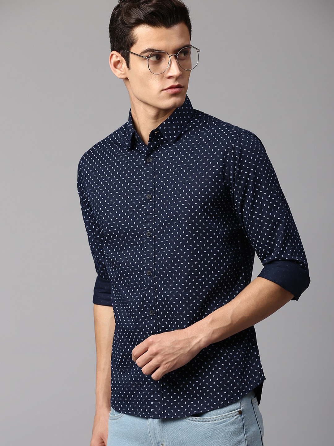 

Dennis Lingo Men Slim Fit Printed Cotton Casual Shirt, Navy blue