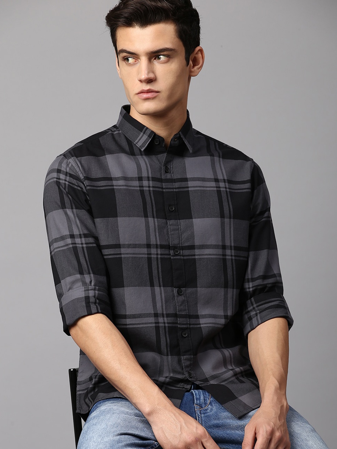

Dennis Lingo Men Slim Fit Tartan Checked Cotton Casual Shirt, Grey