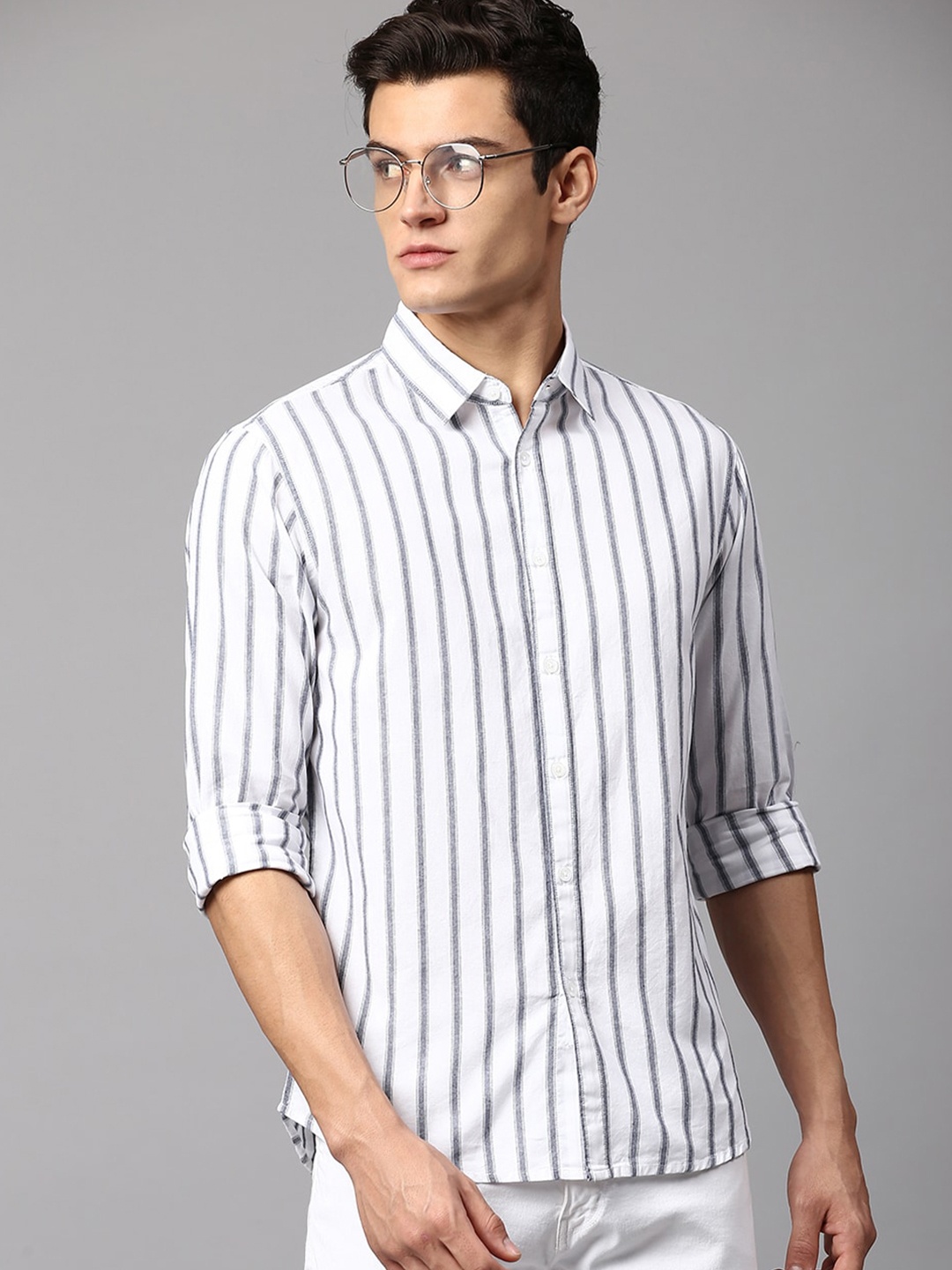 

Dennis Lingo Men Slim Fit Striped Cotton Casual Shirt, White