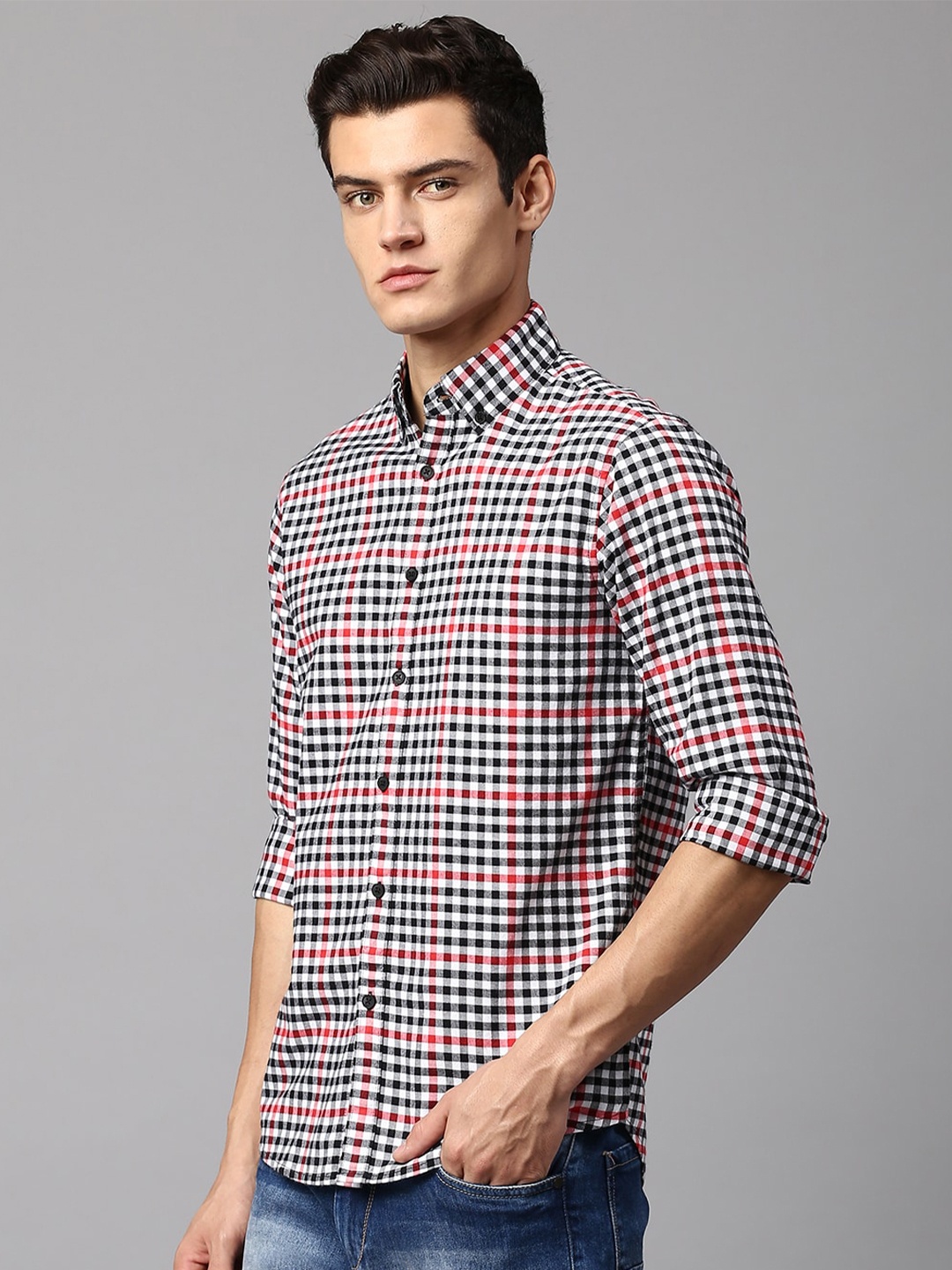 

Dennis Lingo Men Slim Fit Gingham Checked Cotton Casual Shirt, Red
