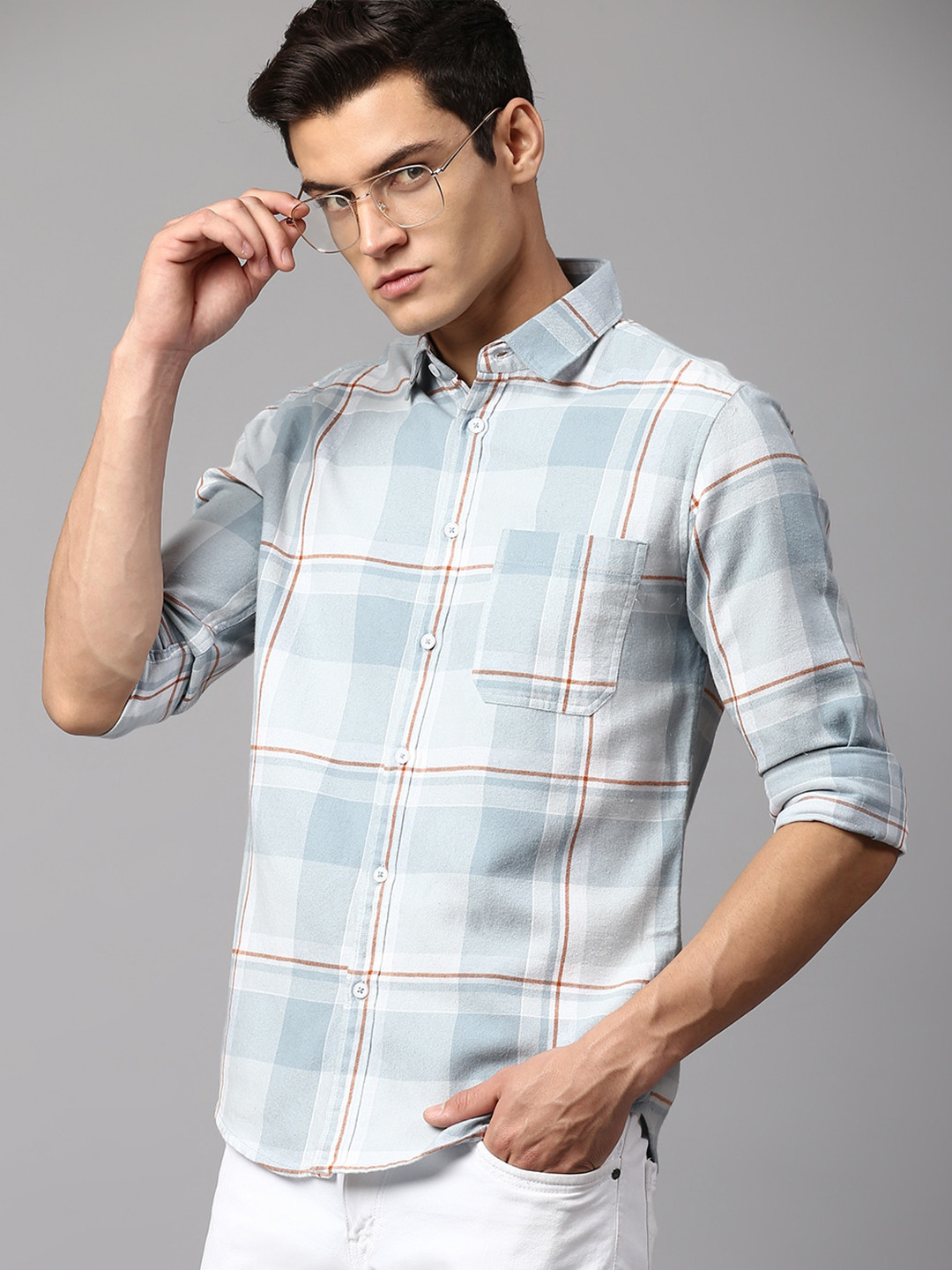 

Dennis Lingo Men Slim Fit Tartan Checked Cotton Casual Shirt, Grey