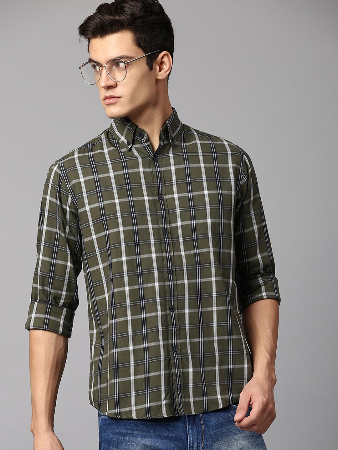

Dennis Lingo Men Slim Fit Tartan Checked Cotton Casual Shirt, Olive