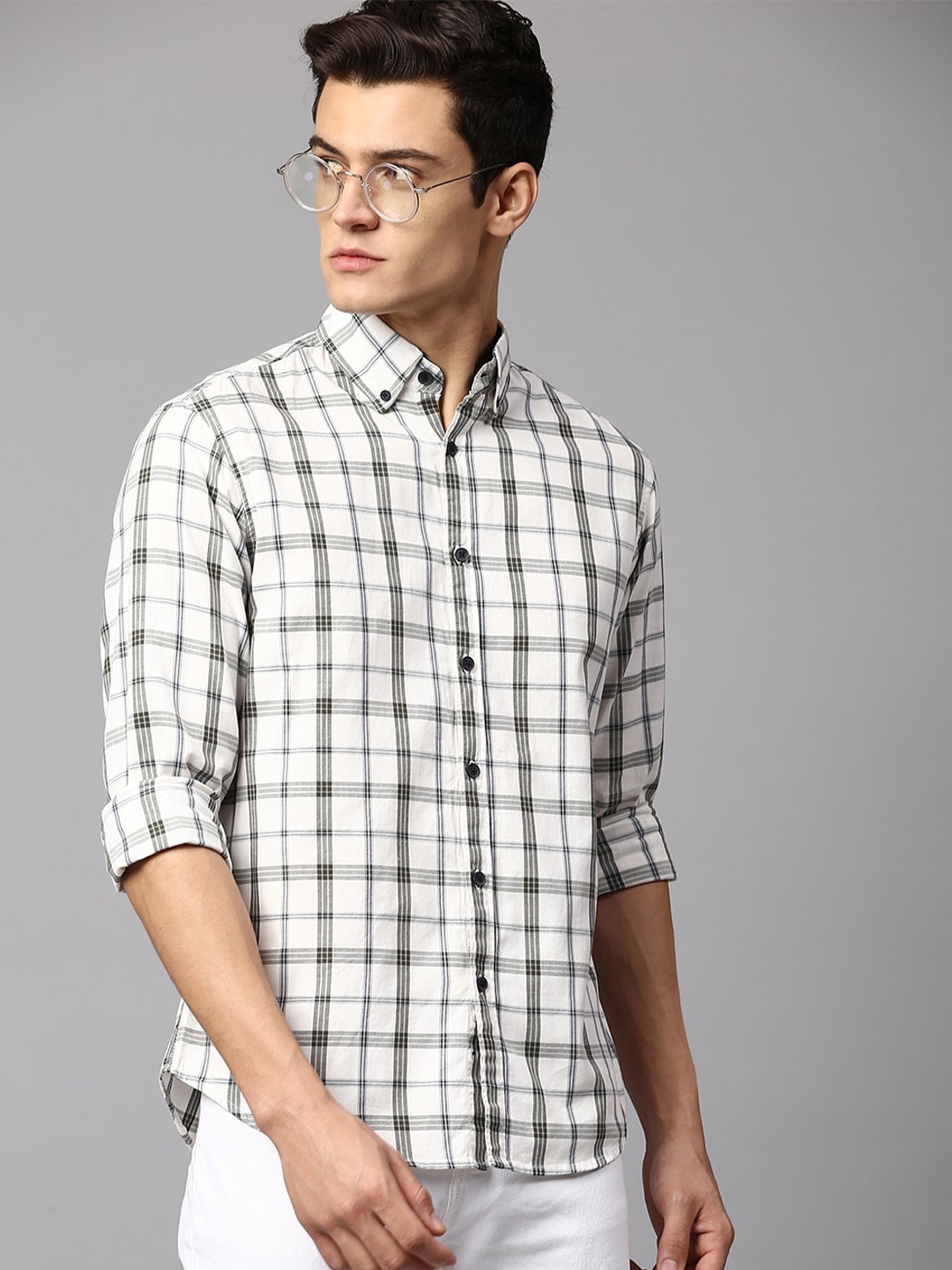 

Dennis Lingo Men Slim Fit Tartan Checked Cotton Casual Shirt, White