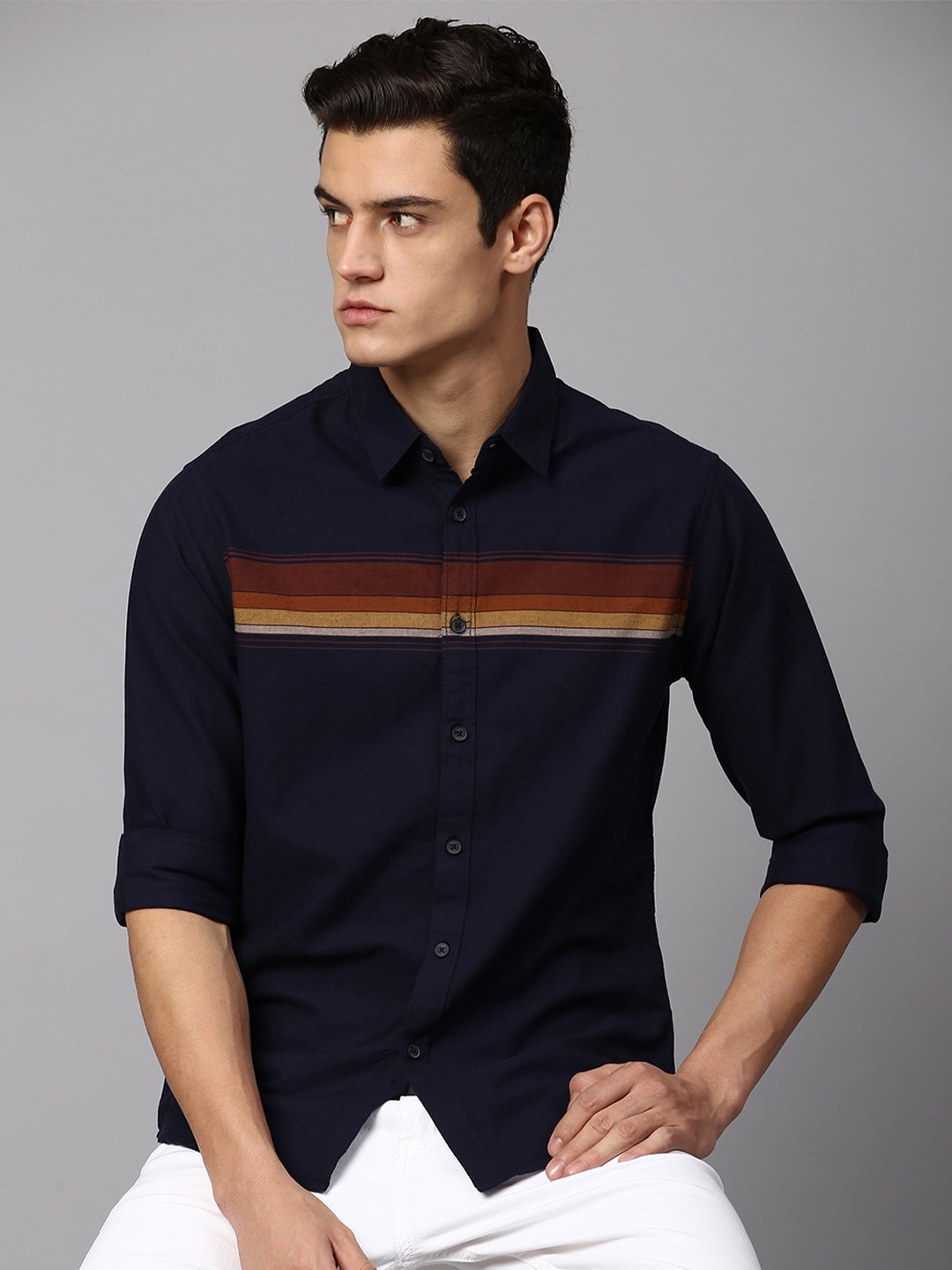 

Dennis Lingo Men Slim Fit Horizontal Striped Cotton Casual Shirt, Navy blue