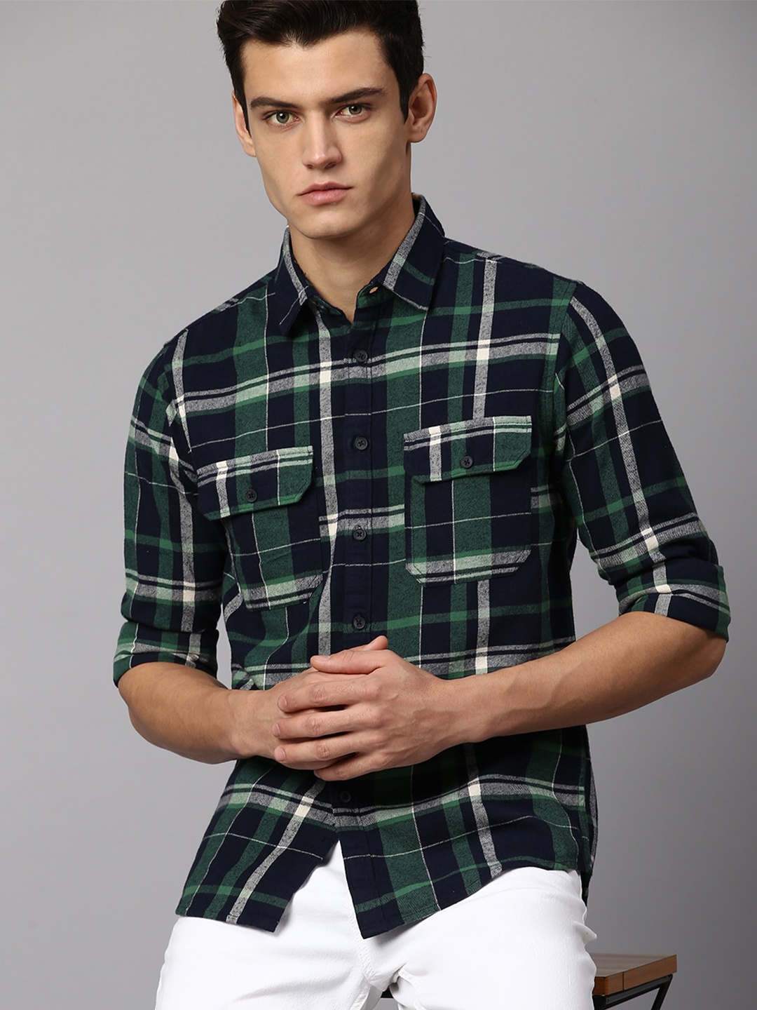 

Dennis Lingo Men Slim Fit Tartan Checked Cotton Casual Shirt, Green