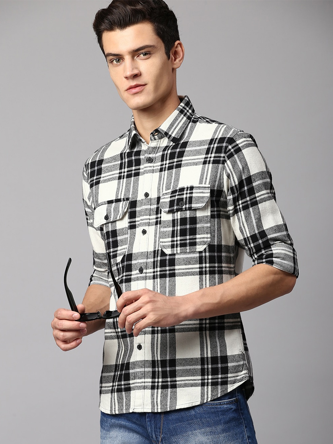 

Dennis Lingo Men Slim Fit Tartan Checks Checked Casual Shirt, Cream