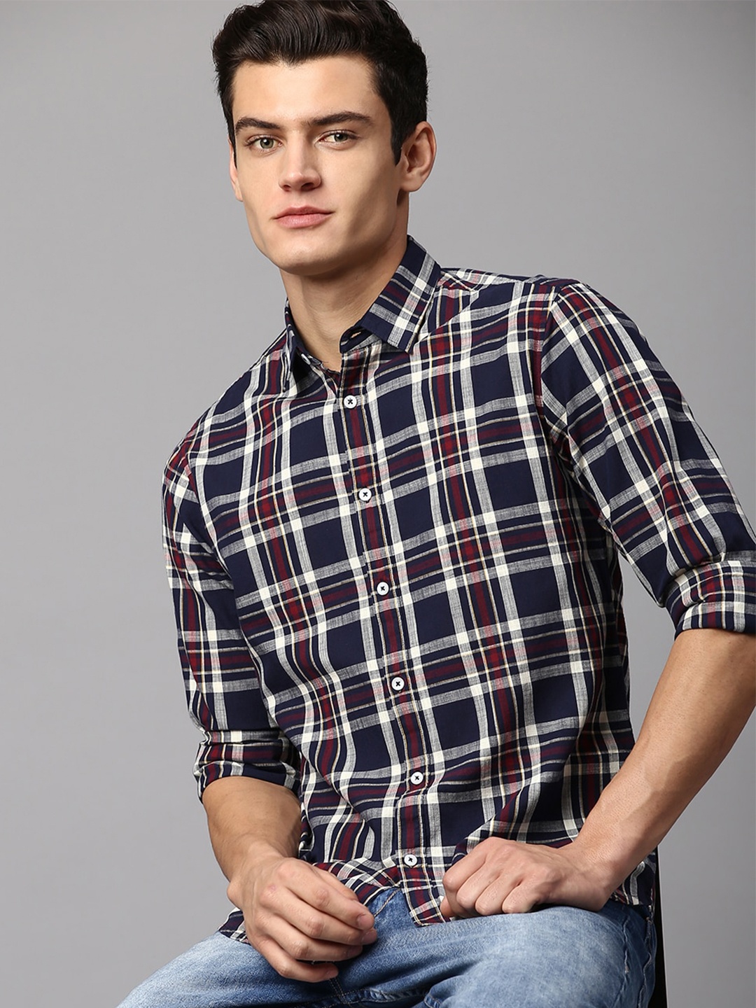 

Dennis Lingo Men Slim Fit Tartan Checks Checked Casual Shirt, Navy blue