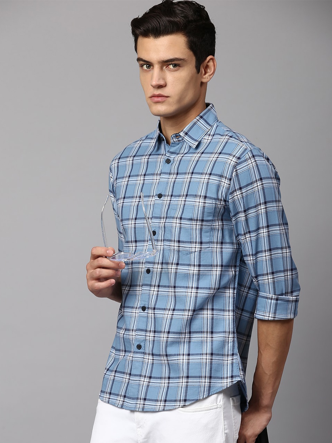 

Dennis Lingo Men Slim Fit Checked Cotton Casual Shirt, Blue