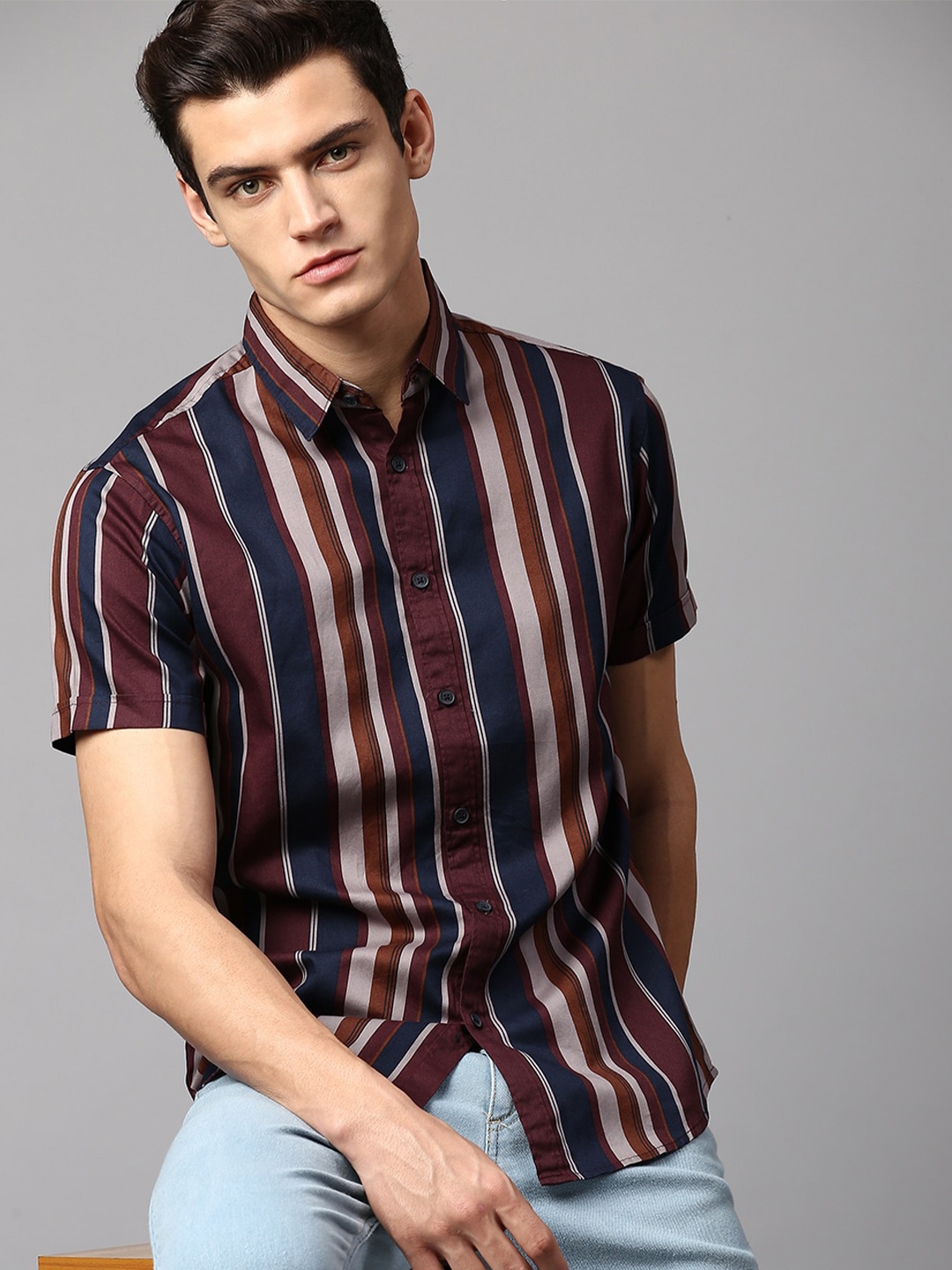 

Dennis Lingo Men Slim Fit Striped Cotton Casual Shirt, Burgundy