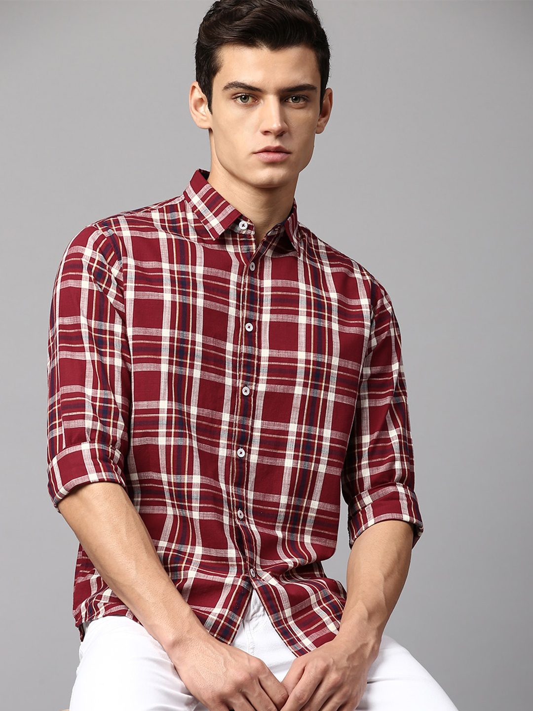 

Dennis Lingo Men Slim Fit Tartan Checks Checked Cotton Casual Shirt, Red