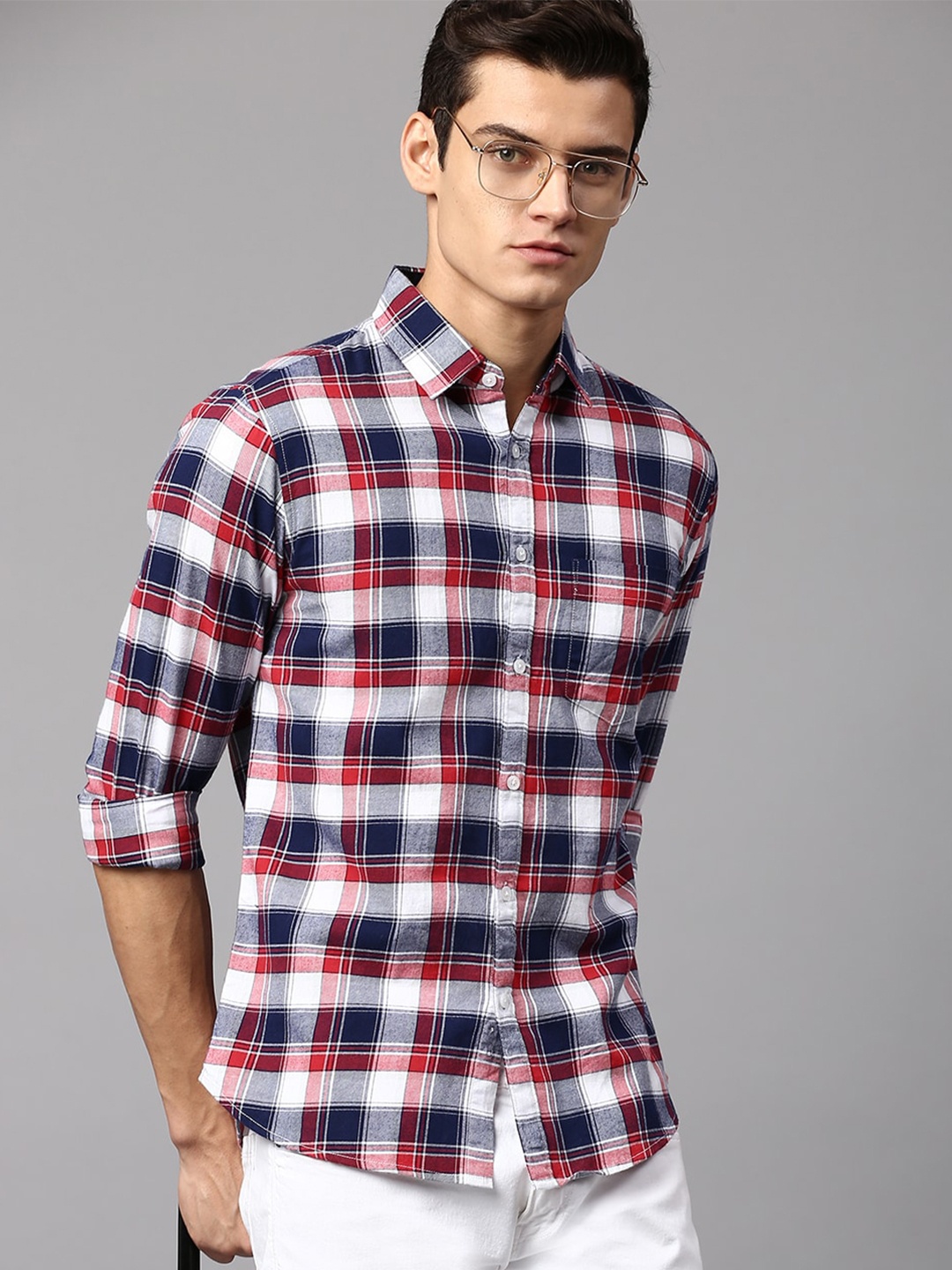 

Dennis Lingo Men Slim Fit Tartan Checks Checked Cotton Casual Shirt, Red