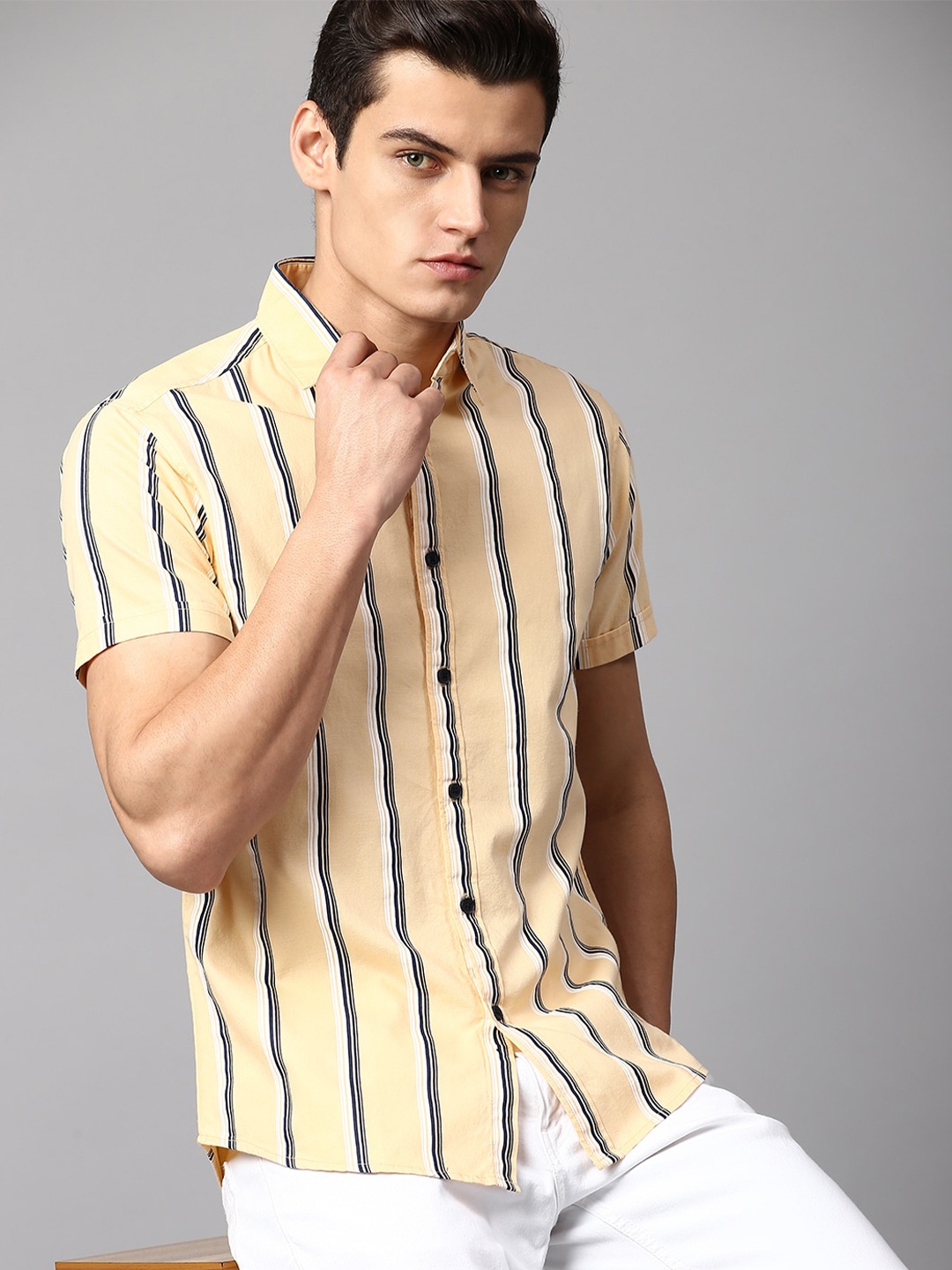

Dennis Lingo Men Slim Fit Striped Cotton Casual Shirt, Yellow