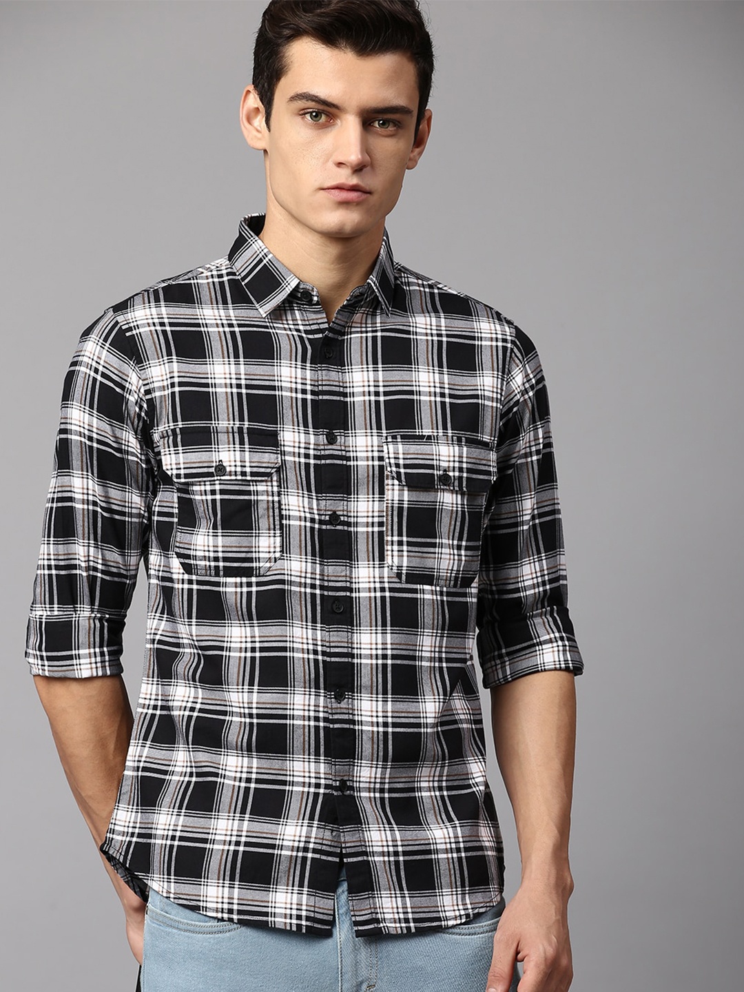 

Dennis Lingo Men Slim Fit Tartan Checks Checked Cotton Casual Shirt, Black