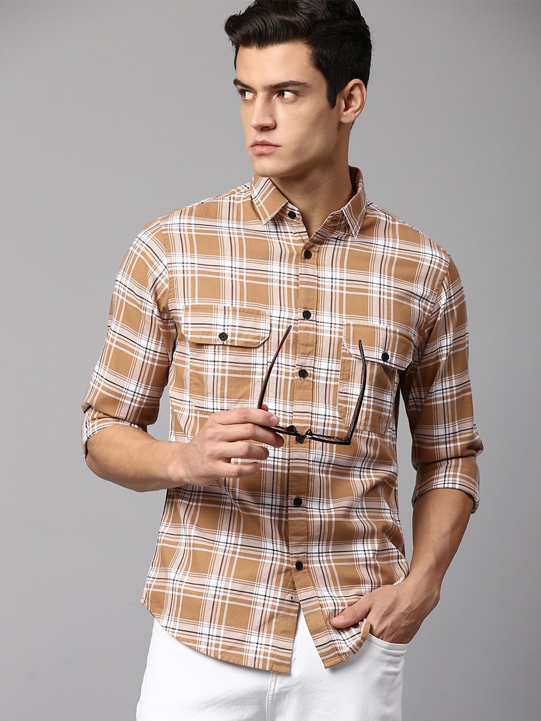 

Dennis Lingo Men Slim Fit Tartan Checks Checked Cotton Casual Shirt, Brown