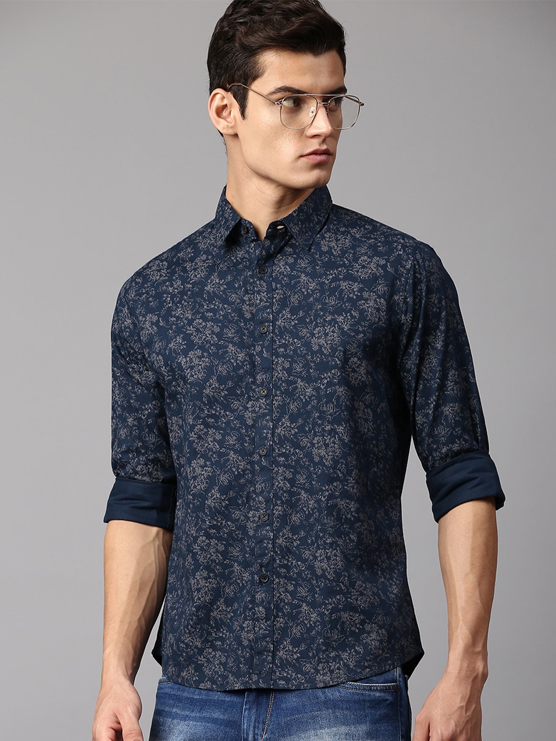 

Dennis Lingo Men Slim Fit Floral Printed Cotton Casual Shirt, Blue