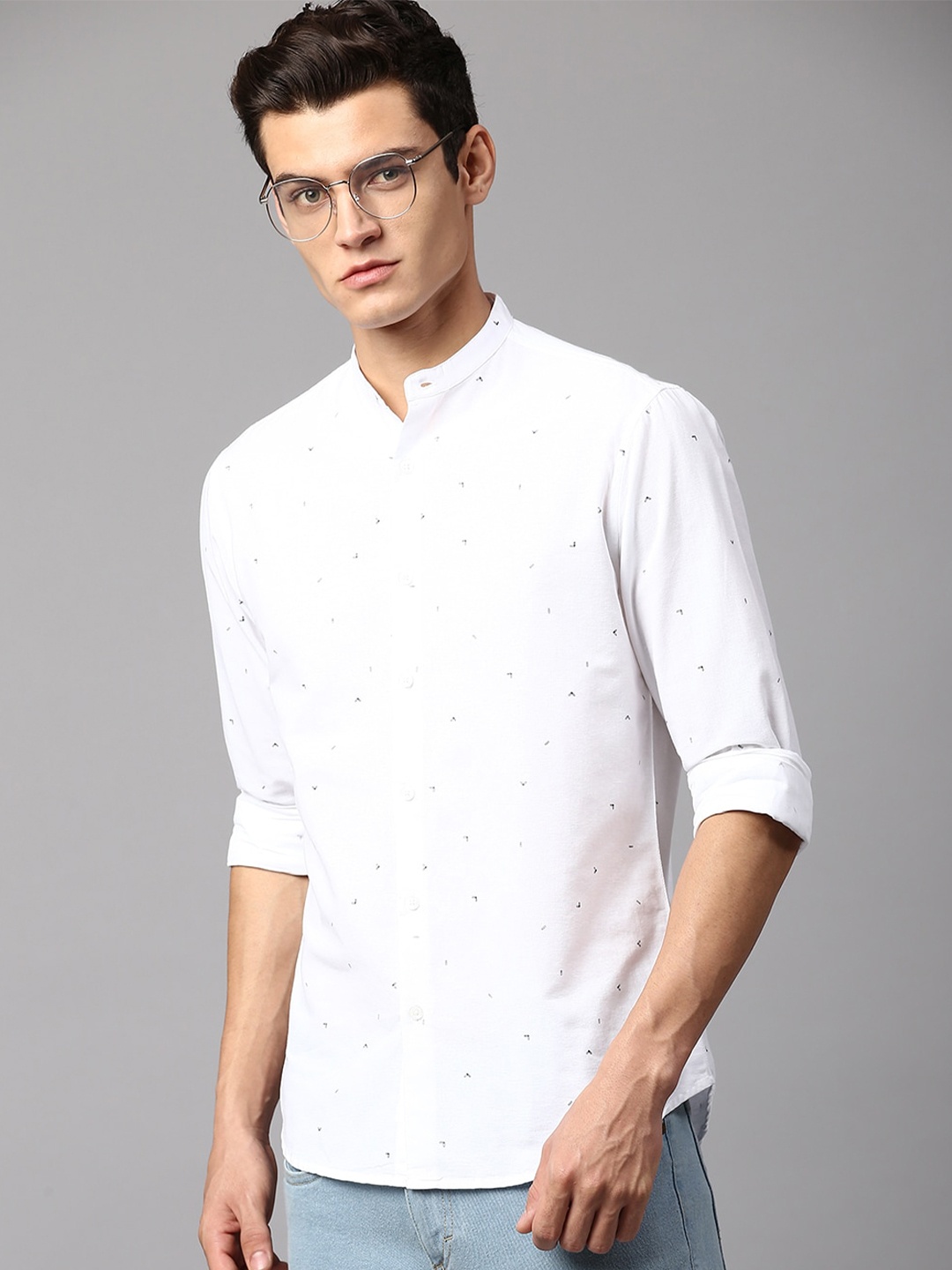 

Dennis Lingo Men Slim Fit Printed Cotton Casual Shirt, White