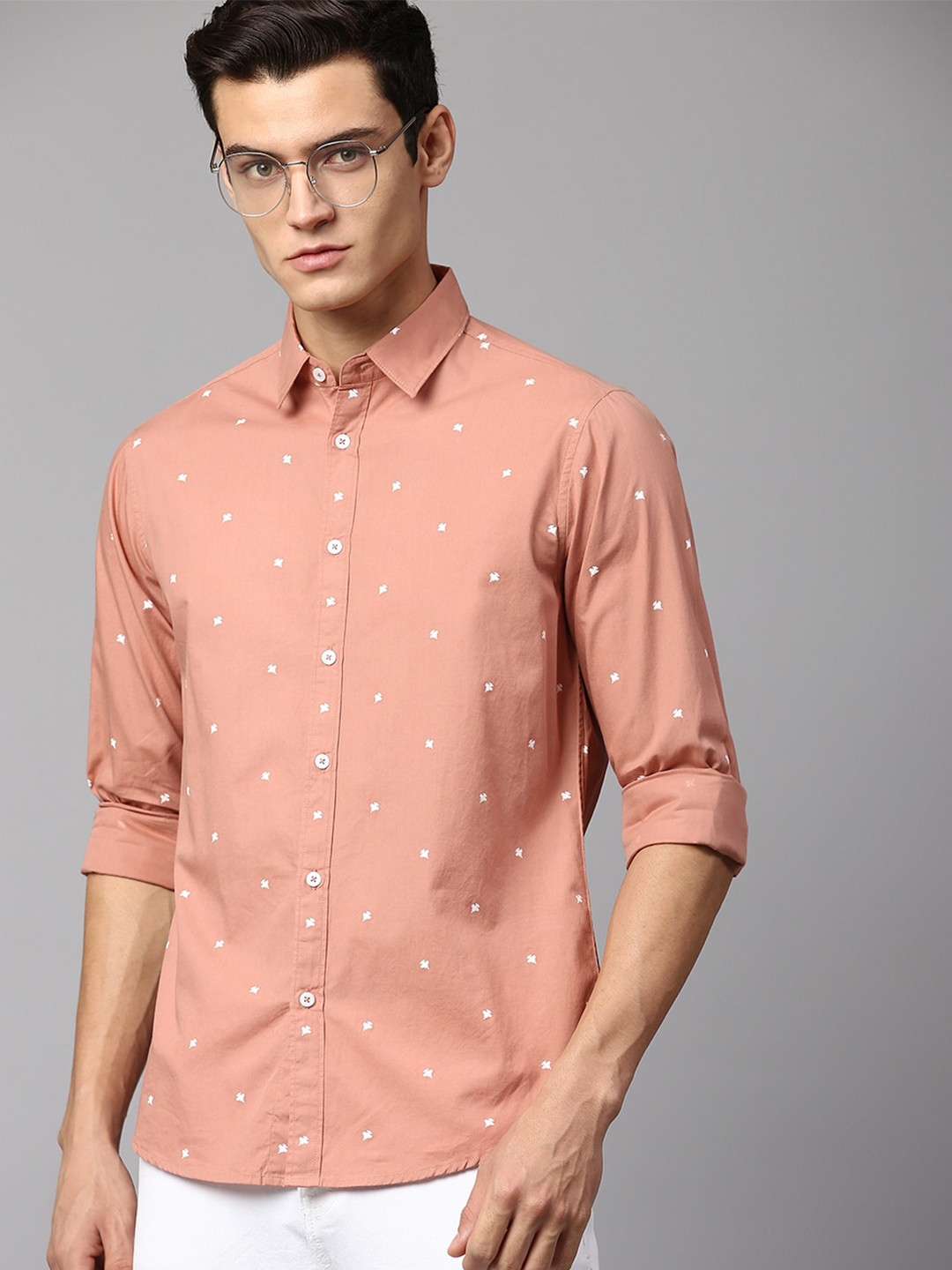 

Dennis Lingo Men Slim Fit Printed Cotton Casual Shirt, Peach